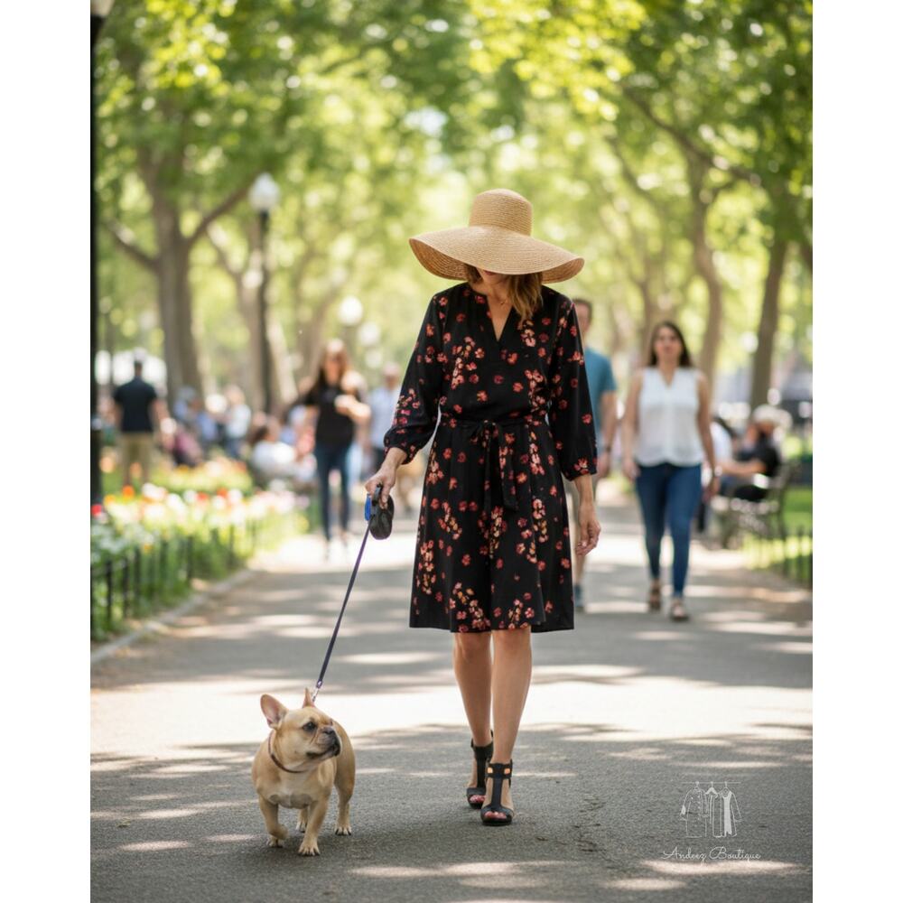 A New Day Black Floral Midi Dress 3/4 Sleeve Split Neck Tie Belt Boho Cinch S